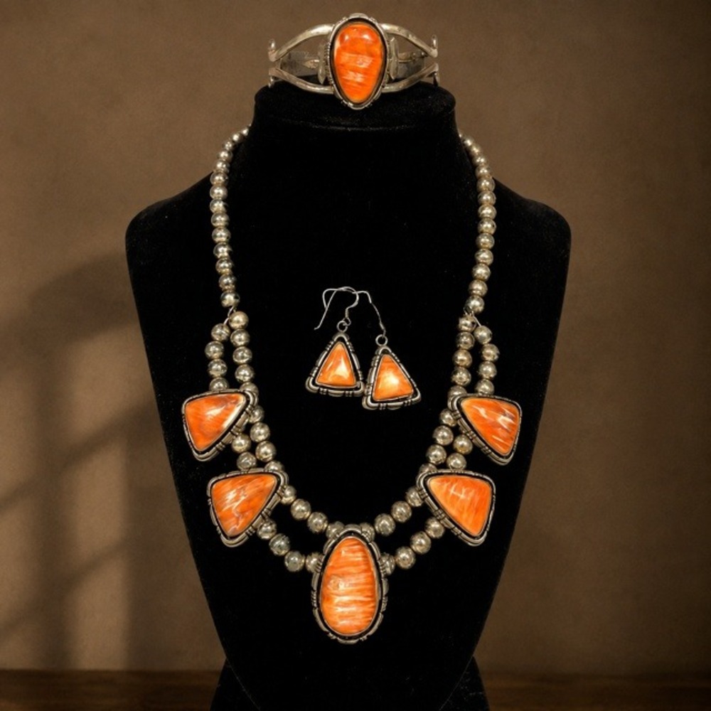 Vintage Native American Spiny Oyster Sterling Silver 3pc Jewelry Set Hallmarked